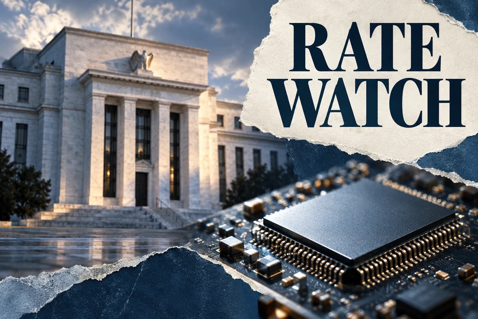 A semiconductor chip and Federal Reserve building beneath Rate Watch.