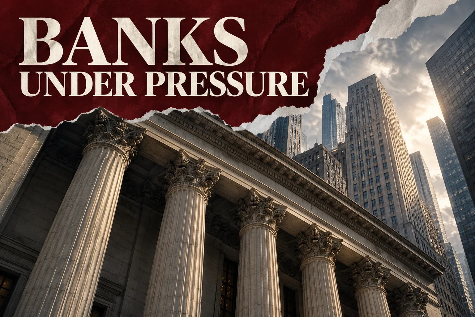 Stone bank columns and financial-district towers beneath Banks Under Pressure.